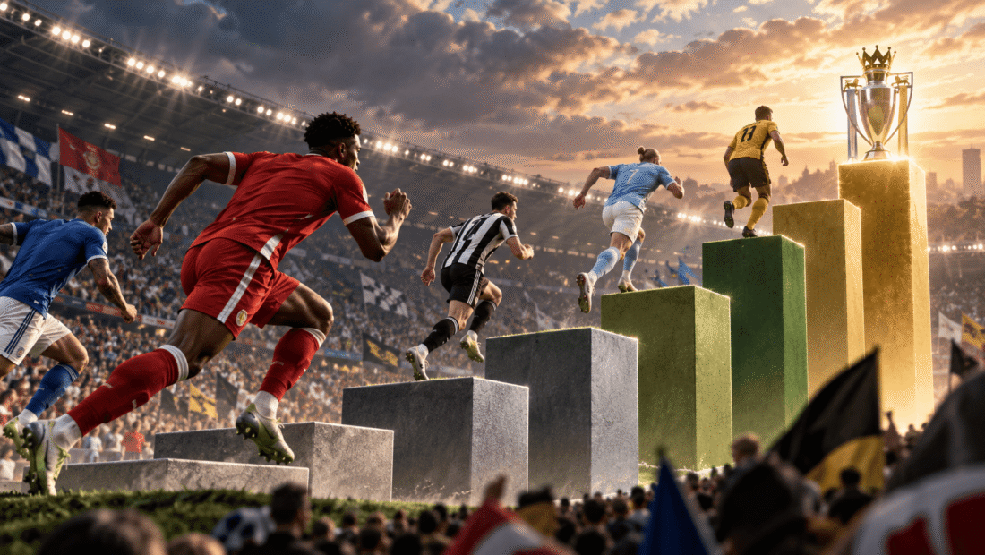 Football players racing up ranking-style steps toward a championship trophy in a packed stadium