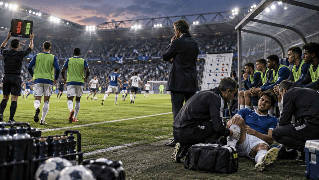 Football squad with substitutes, manager, tactical board and injured player receiving treatment on the sideline