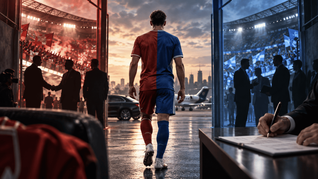 Football player between two clubs with transfer negotiations and contract signing in the background